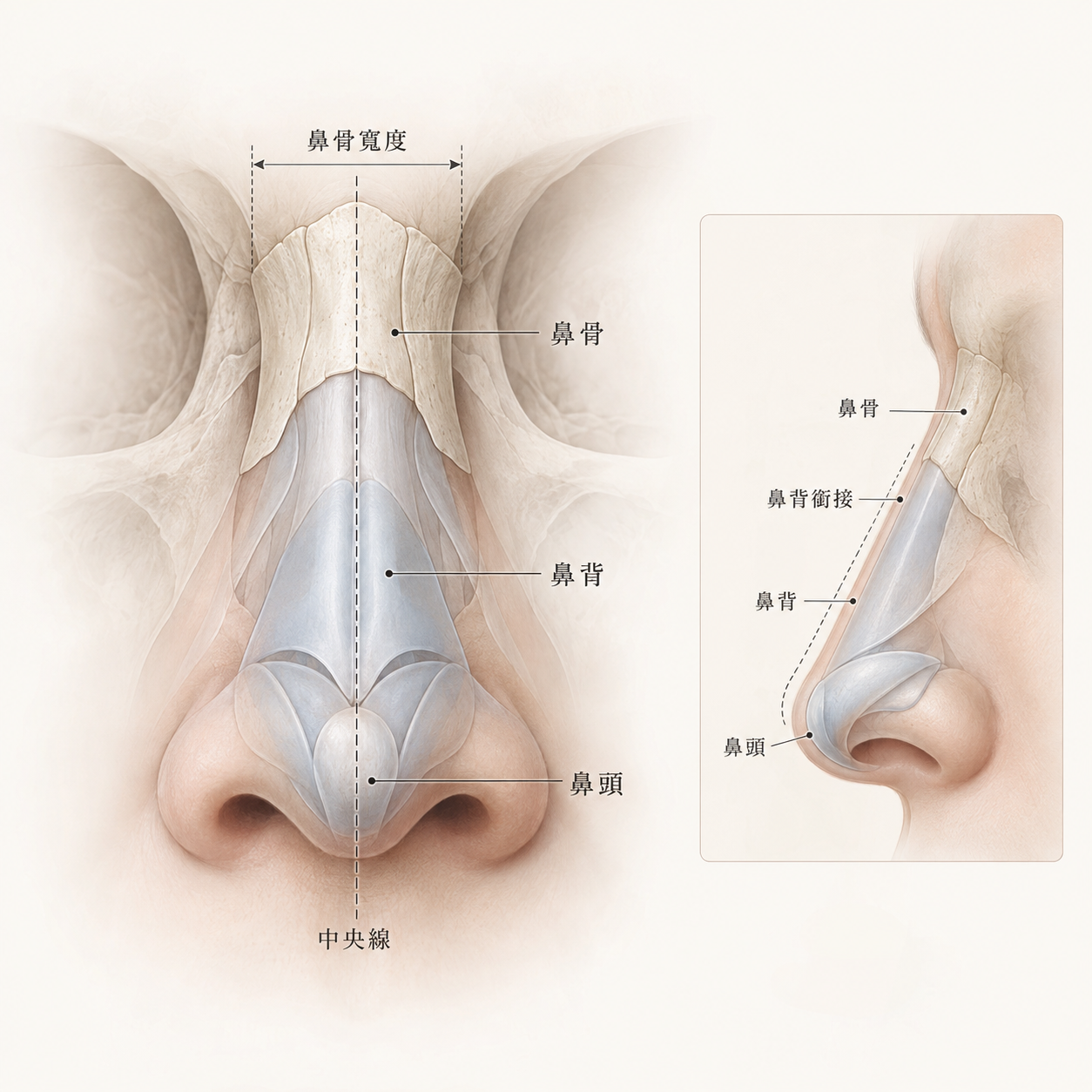 結構式隆鼻鼻骨寬度鼻背與截骨評估示意