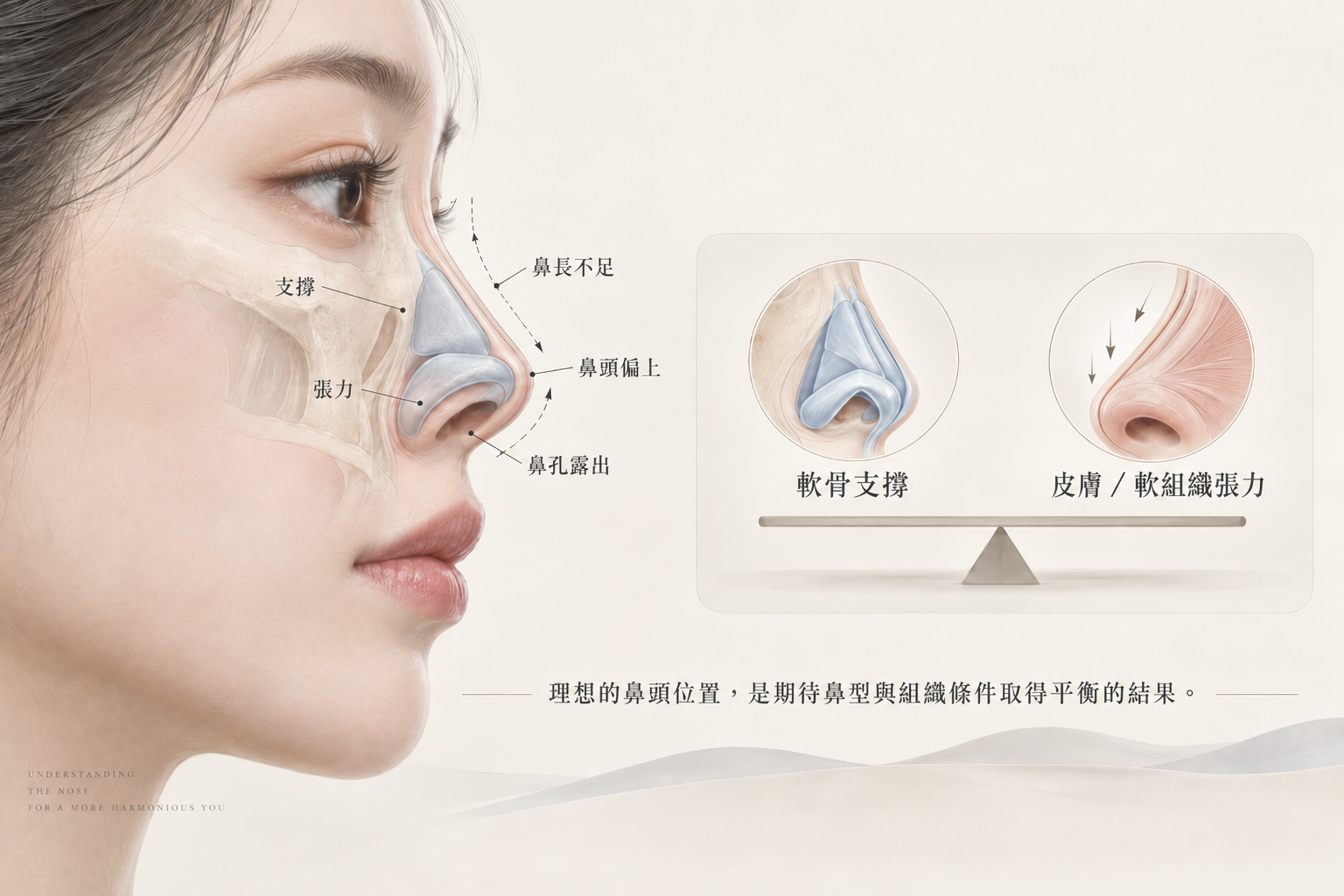 短鼻朝天鼻鼻長鼻尖旋轉與皮膚張力評估示意