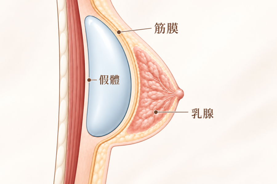 筋膜下隆乳假體植入層次示意