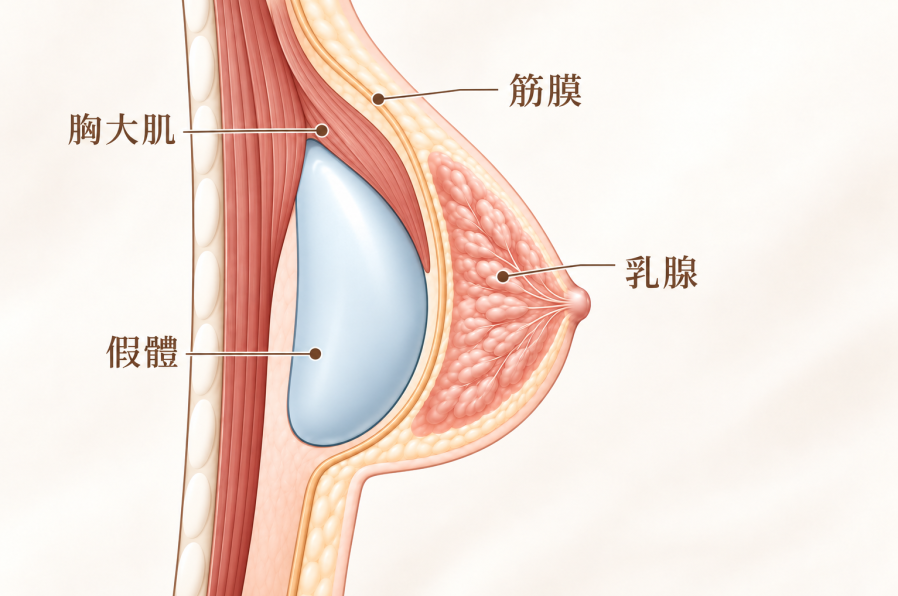 Dual Plane 雙平面隆乳假體植入層次示意
